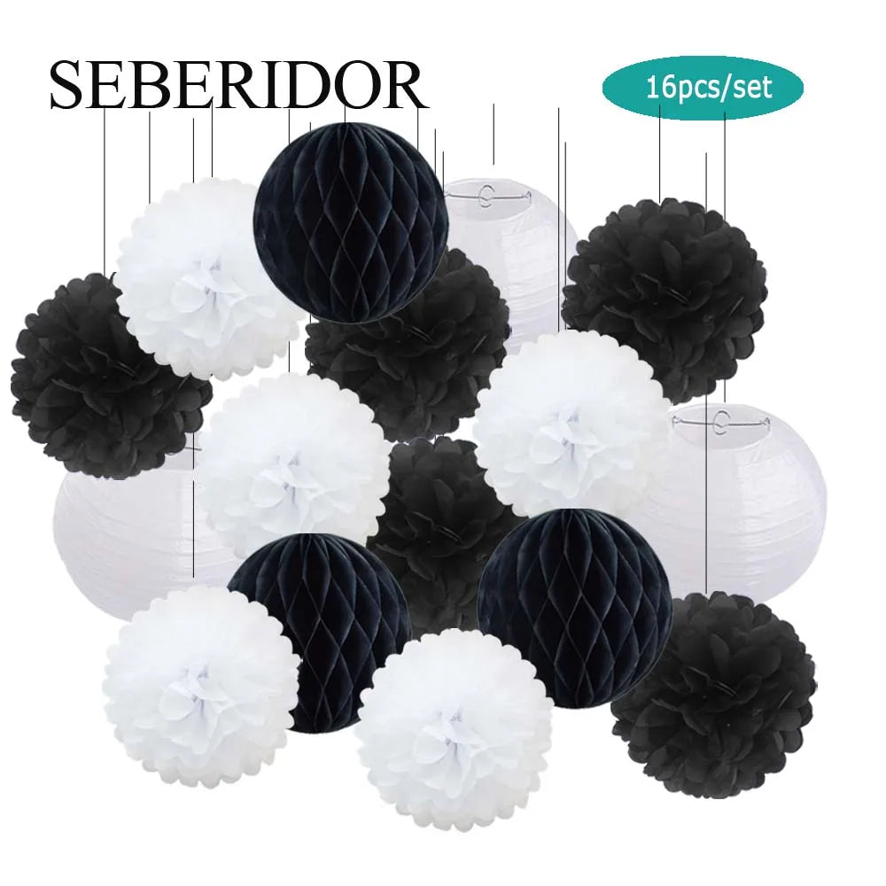 Papier Laternen Set 16-teilig – Runde Laternen, Waben & Pompons | Geburtstag, Hochzeit & Party | 35 Farben