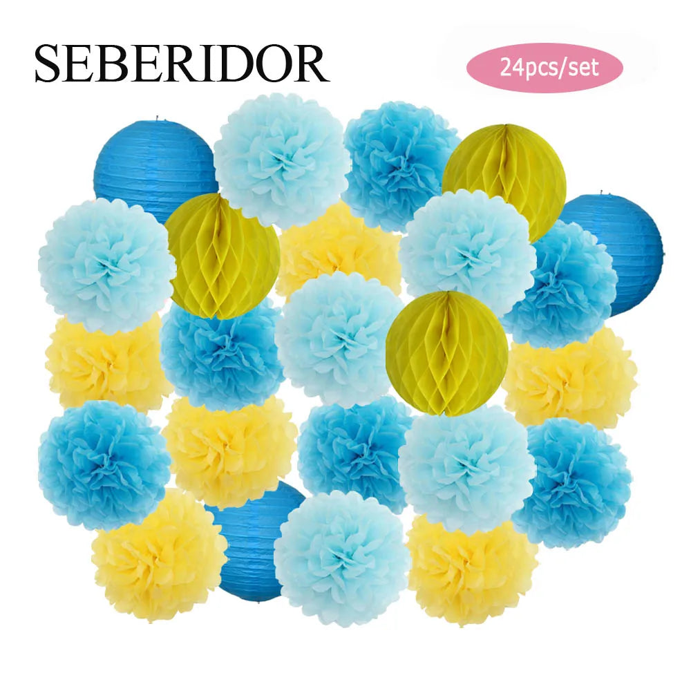 Baby Boy Girl 1st Birthday Party Favor Pink White Set Round Paper Ball Lantern Folding Baptism Wedding Decor Honeycomb Pompom