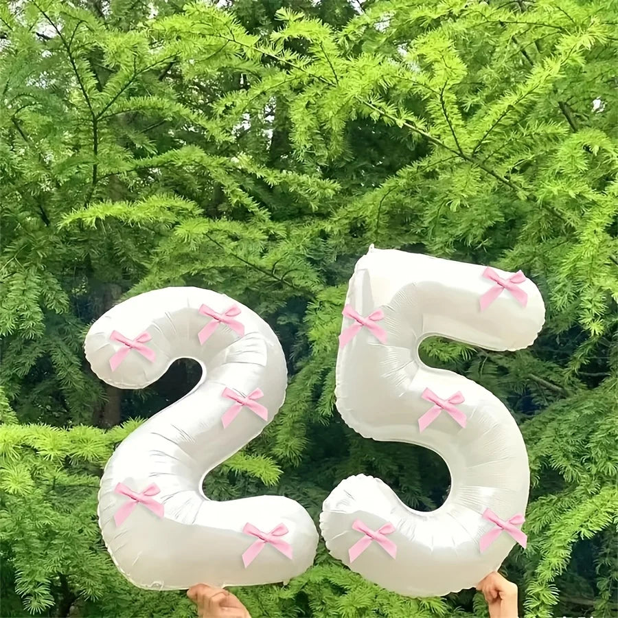 2 40inch Balloons with Pink Bow Decorations in White, Suitable for Birthday Parties, Anniversaries, Weddings, Proposals, New Year Decorations, Pink Bow Foil Numbers for Ages 0-9