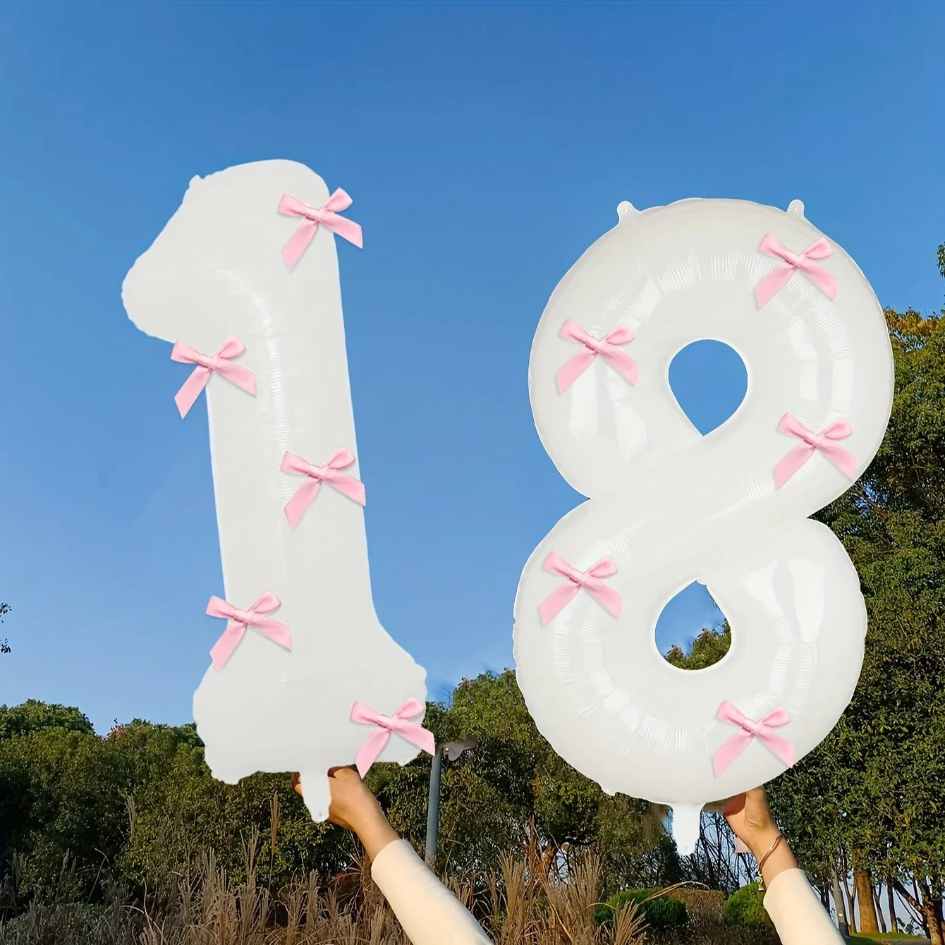 2 40inch Balloons with Pink Bow Decorations in White, Suitable for Birthday Parties, Anniversaries, Weddings, Proposals, New Year Decorations, Pink Bow Foil Numbers for Ages 0-9