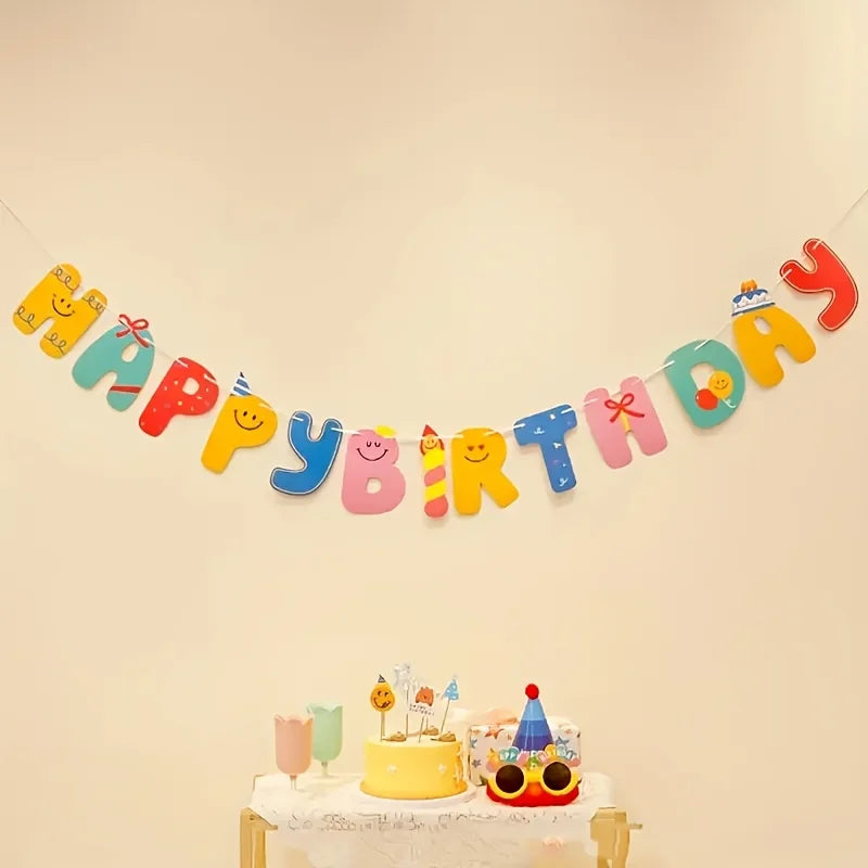 Happy Birthday Banner Bunt – Cartoon-Stil Wimpelgirlande | Geburtstagsdeko für drinnen