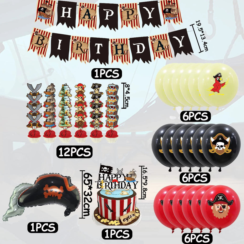 Pirate Birthday Party Decorations, 38 Pieces with Banner, Balloons, Cupcake Toppers, Ship and Shark Foil Balloons