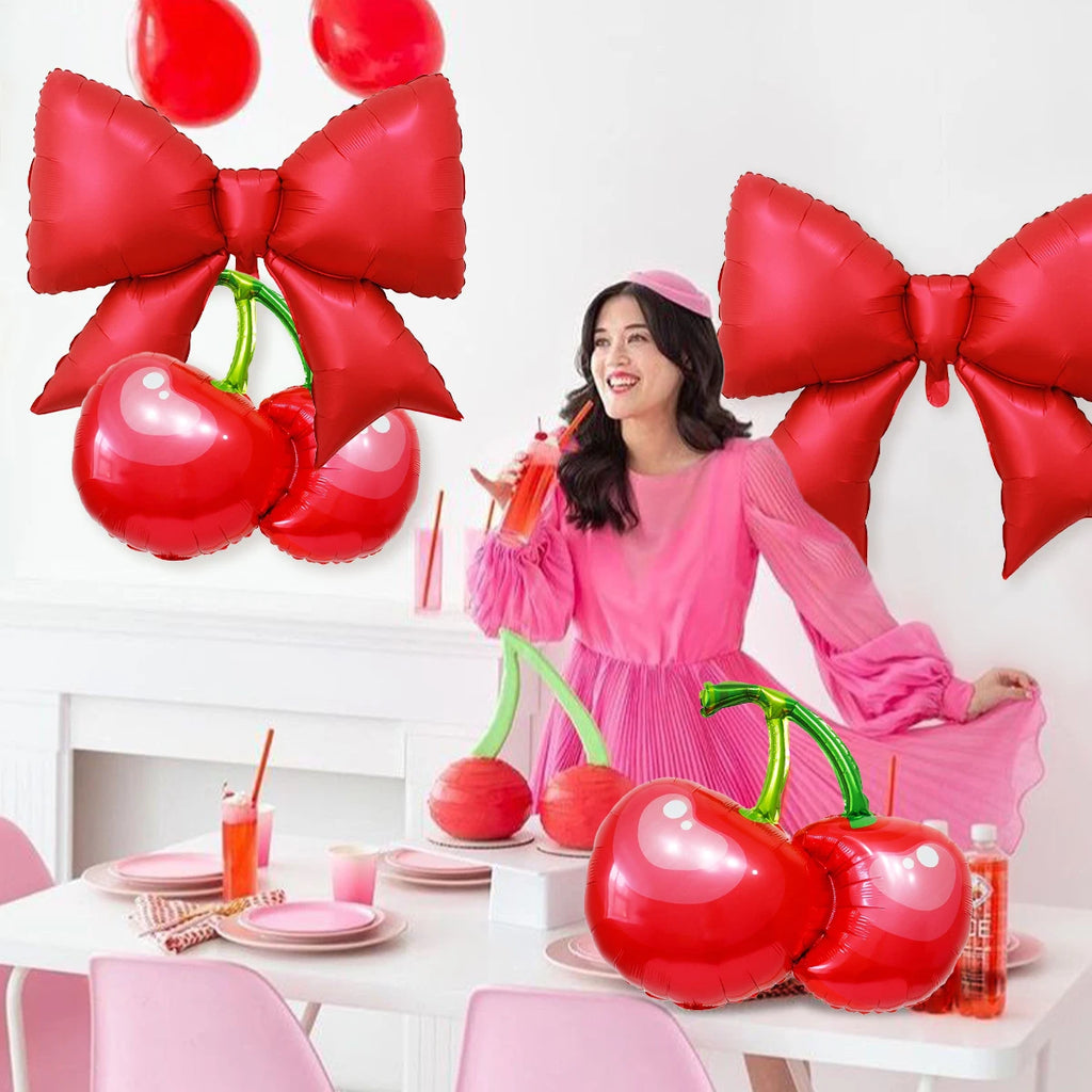 4pcs bow and cherry balloons, "She's The Cherry On Top," berry-themed first birthday, fruit-themed baby shower,bridal wedding