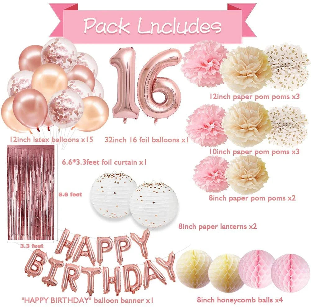 Sweet 16 Geburtstag Deko Set – Rosegold Ballons, Banner, Vorhang & Pompons | Komplettset