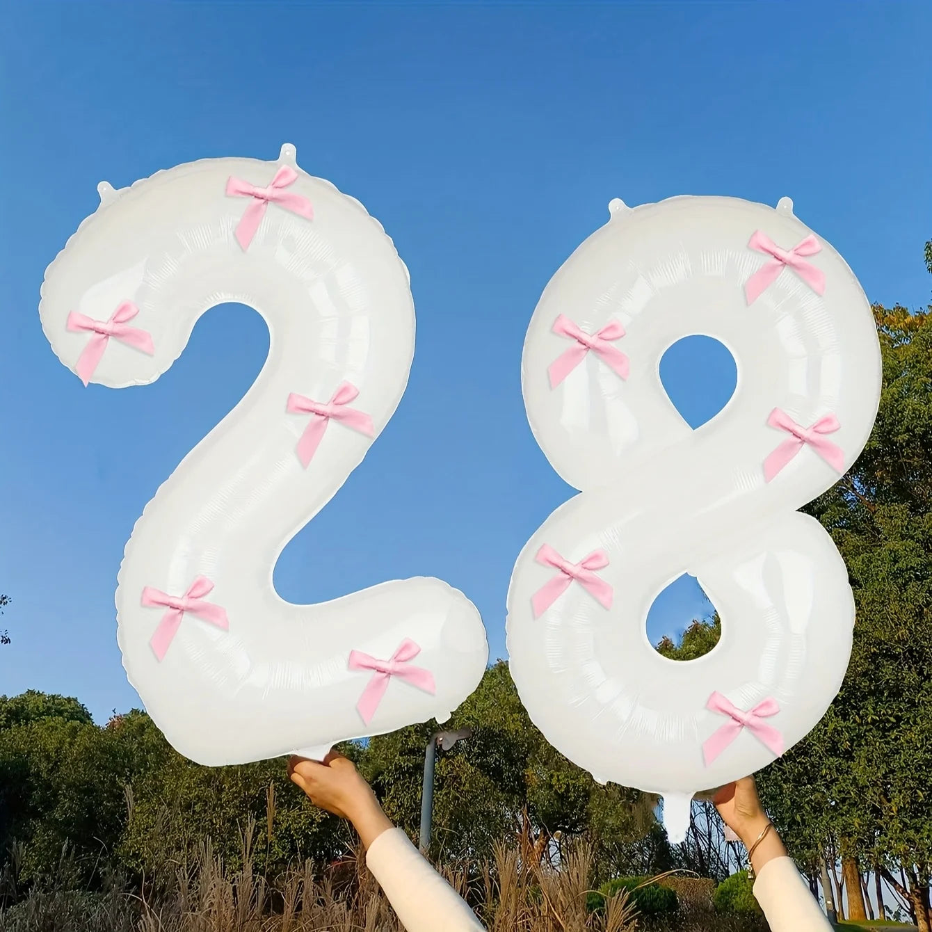 2 40inch Balloons with Pink Bow Decorations in White, Suitable for Birthday Parties, Anniversaries, Weddings, Proposals, New Year Decorations, Pink Bow Foil Numbers for Ages 0-9