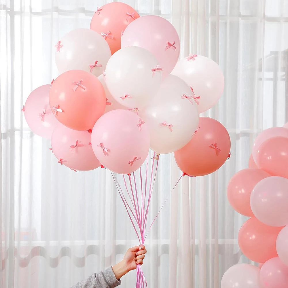 Bow Balloons Set White Balloon Mini Pink Ribbon Bows Girls Birthday Party Decorations Globos Baby Shower Wedding Bridal Shower