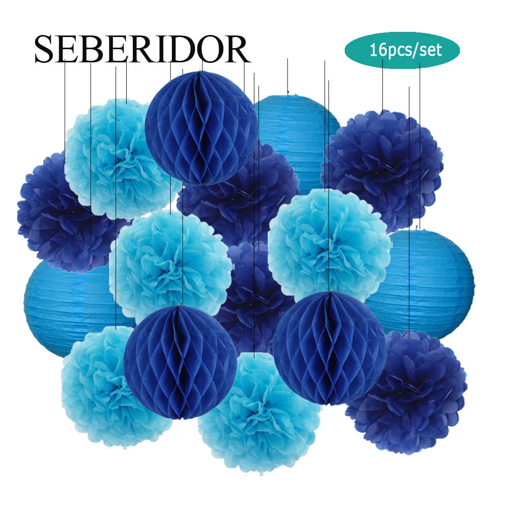 Papier Laternen Set 16-teilig – Runde Laternen, Waben & Pompons | Geburtstag, Hochzeit & Party | 35 Farben