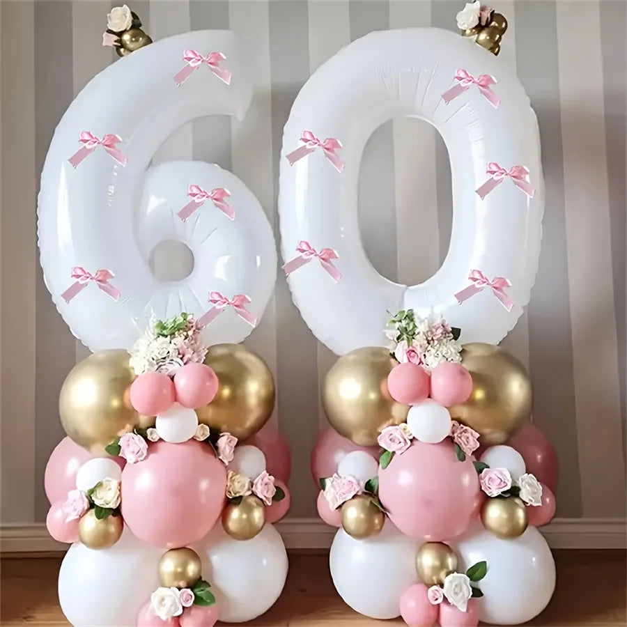 2 40inch Balloons with Pink Bow Decorations in White, Suitable for Birthday Parties, Anniversaries, Weddings, Proposals, New Year Decorations, Pink Bow Foil Numbers for Ages 0-9