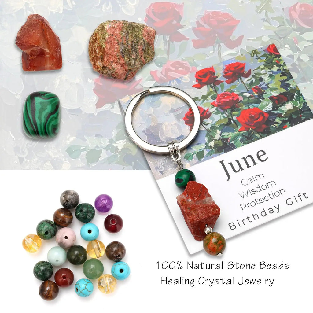 Natural Stone Keyring Birthday Gift Floral Blessings Crystal Rough Stone Keyring Birthday Flower Crystal Keyring