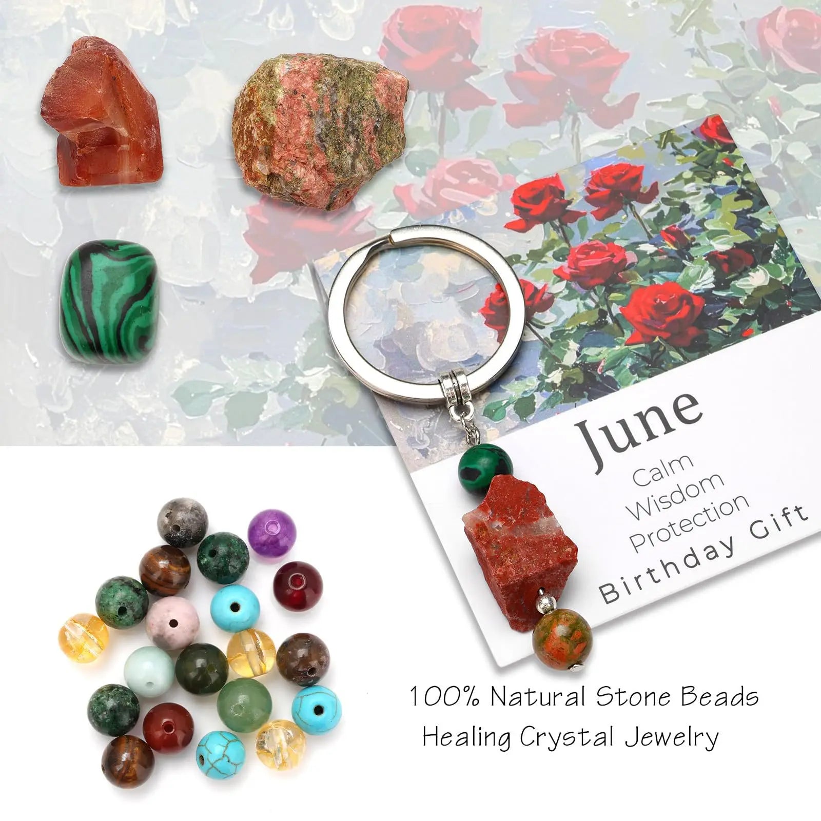 Natural Stone Keyring Birthday Gift Floral Blessings Crystal Rough Stone Keyring Birthday Flower Crystal Keyring