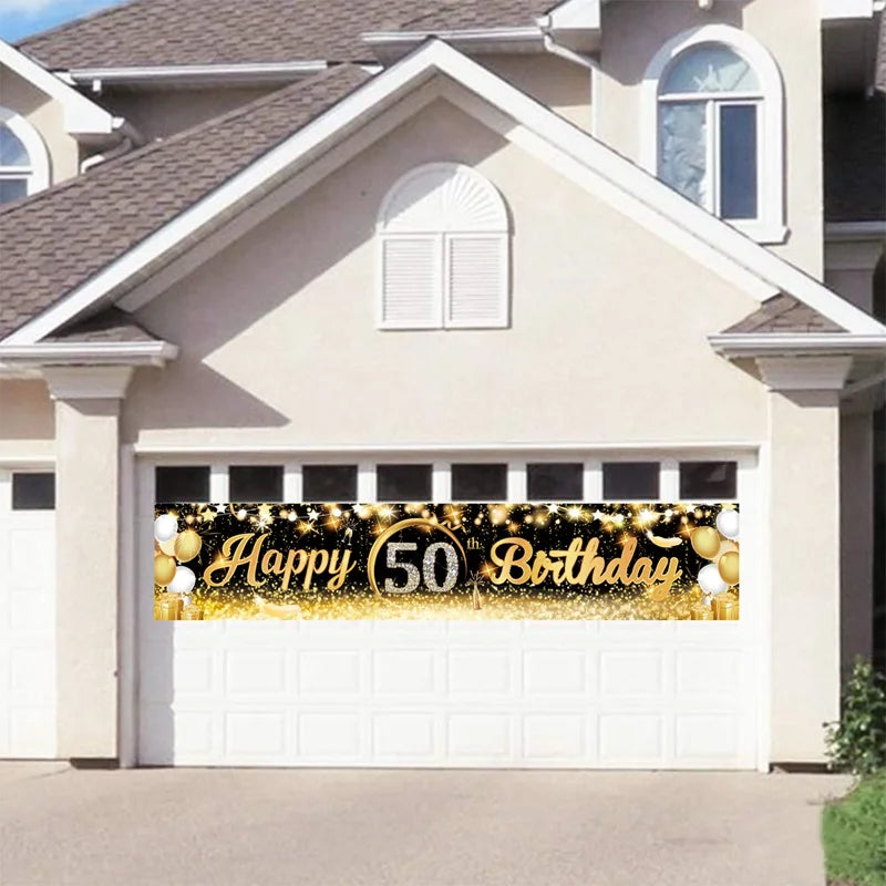 Black Gold Happy Birthday Banner Balloon Flag Adult 30th 40th 50th 60th Birthday Party Decoration Supplies Bunting Anniversary