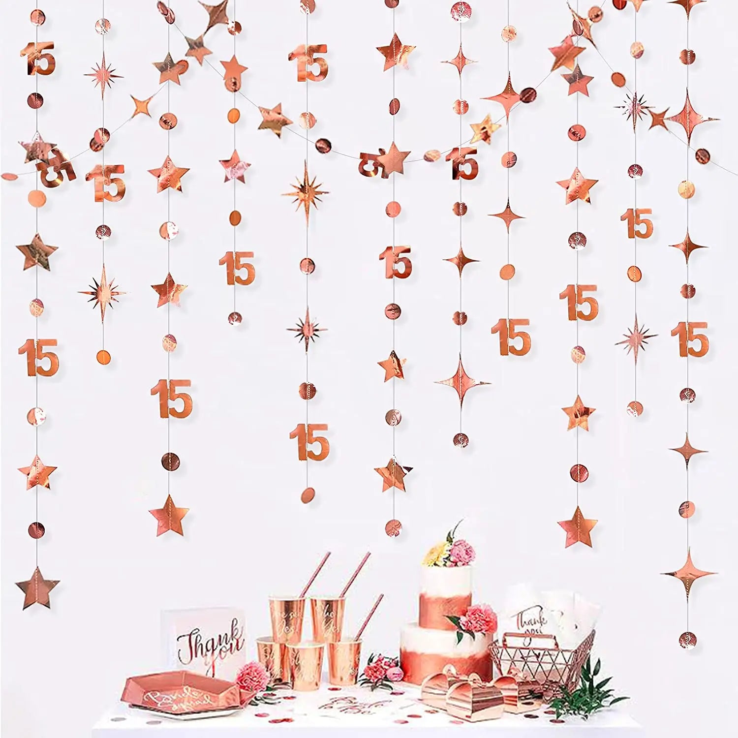 Irisierender Geburtstags-Wimpel & Sterngirlande – Rosegold & Regenbogen | 1. bis 60. Geburtstag