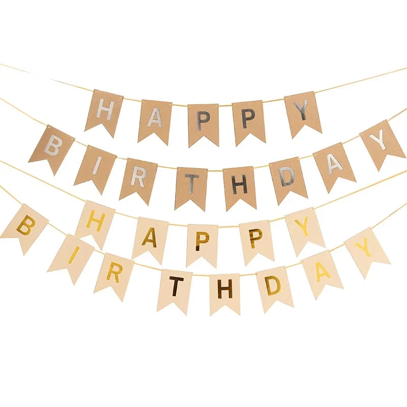 Happy Birthday Flags Decoration Kraft Paper Banner Party Bunting Garland Set Boy Girl Baby Shower Decoration Supplies