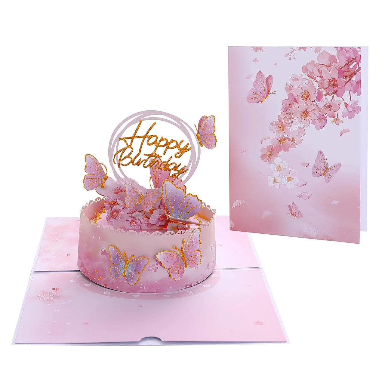 Birthday Pop Up Card: 3D Butterfly Cake & Cherry Blossom Design with Envelope
