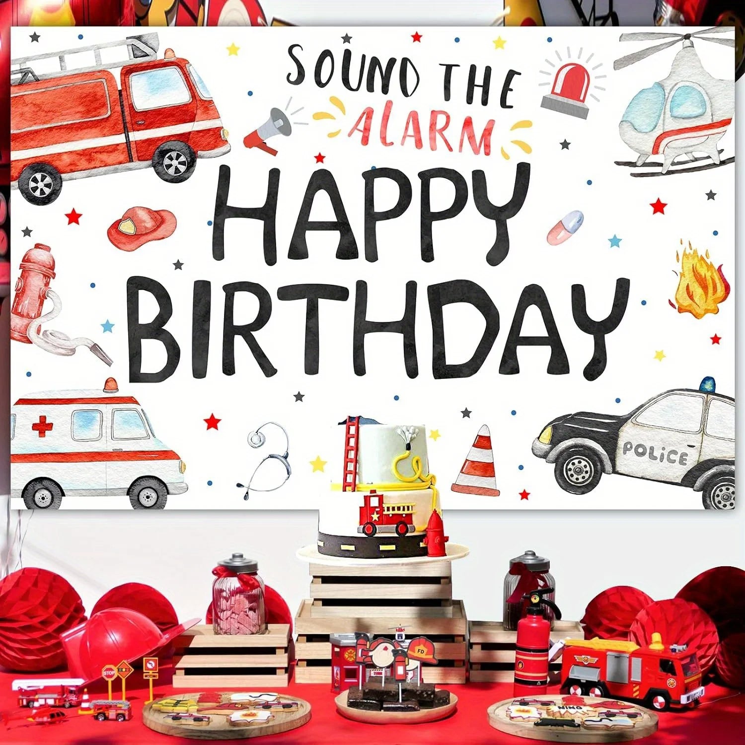 1pc Emergency Vehicle Birthday Backdrop Boy Birthday Party Photography Backdrop Party Decoration Photo Photography Studio Props