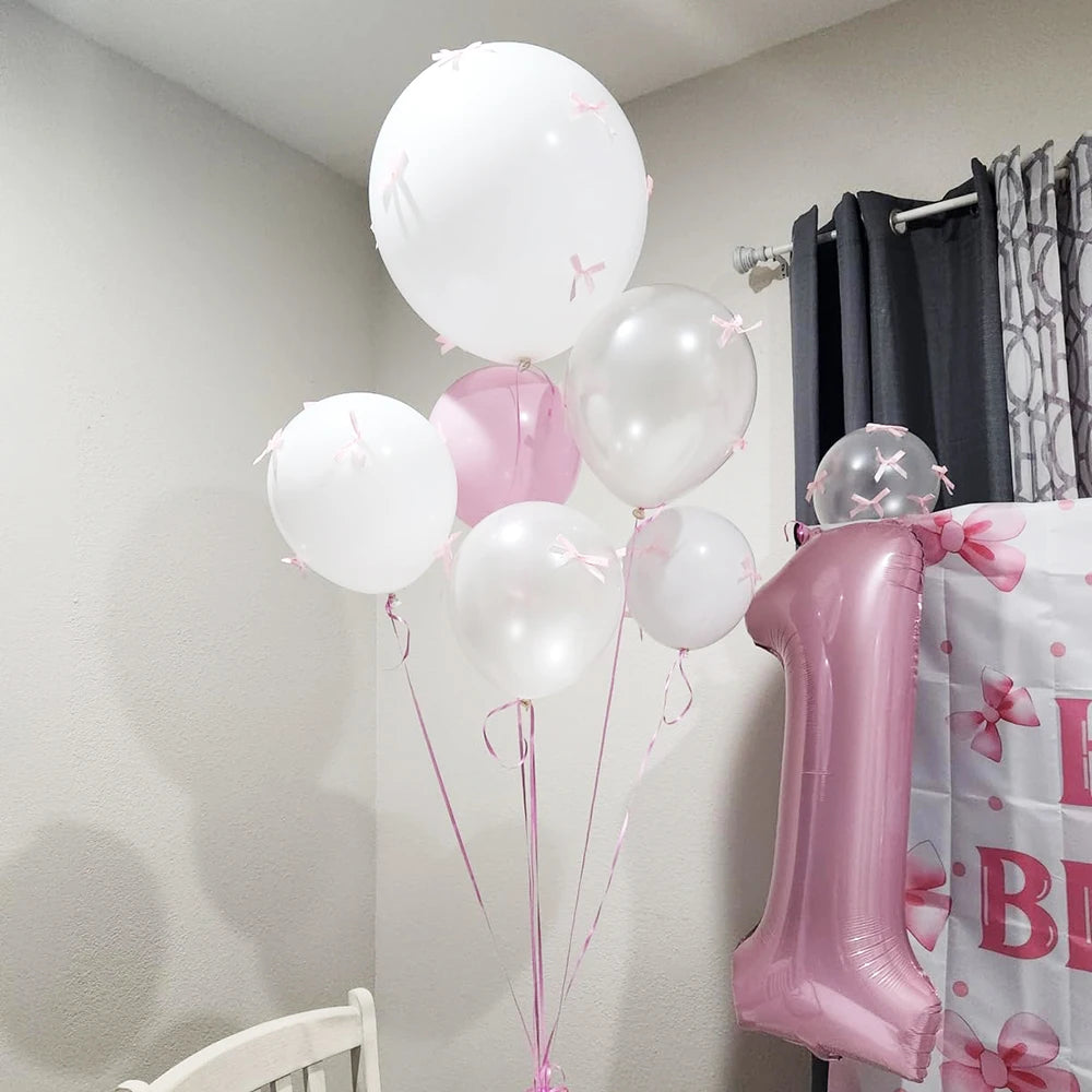 Bow Balloons Set White Balloon Mini Pink Ribbon Bows Girls Birthday Party Decorations Globos Baby Shower Wedding Bridal Shower
