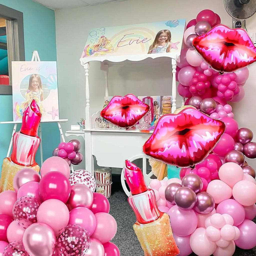 Pink Birthday Decorations, Pink Birthday Decorations, with Lipstick Balloons and Lip Gloss, Makeup Balloons for Girls’ Parties