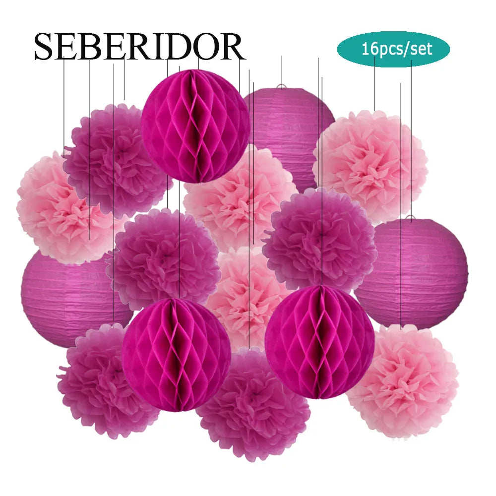 Papier Laternen Set 16-teilig – Runde Laternen, Waben & Pompons | Geburtstag, Hochzeit & Party | 35 Farben