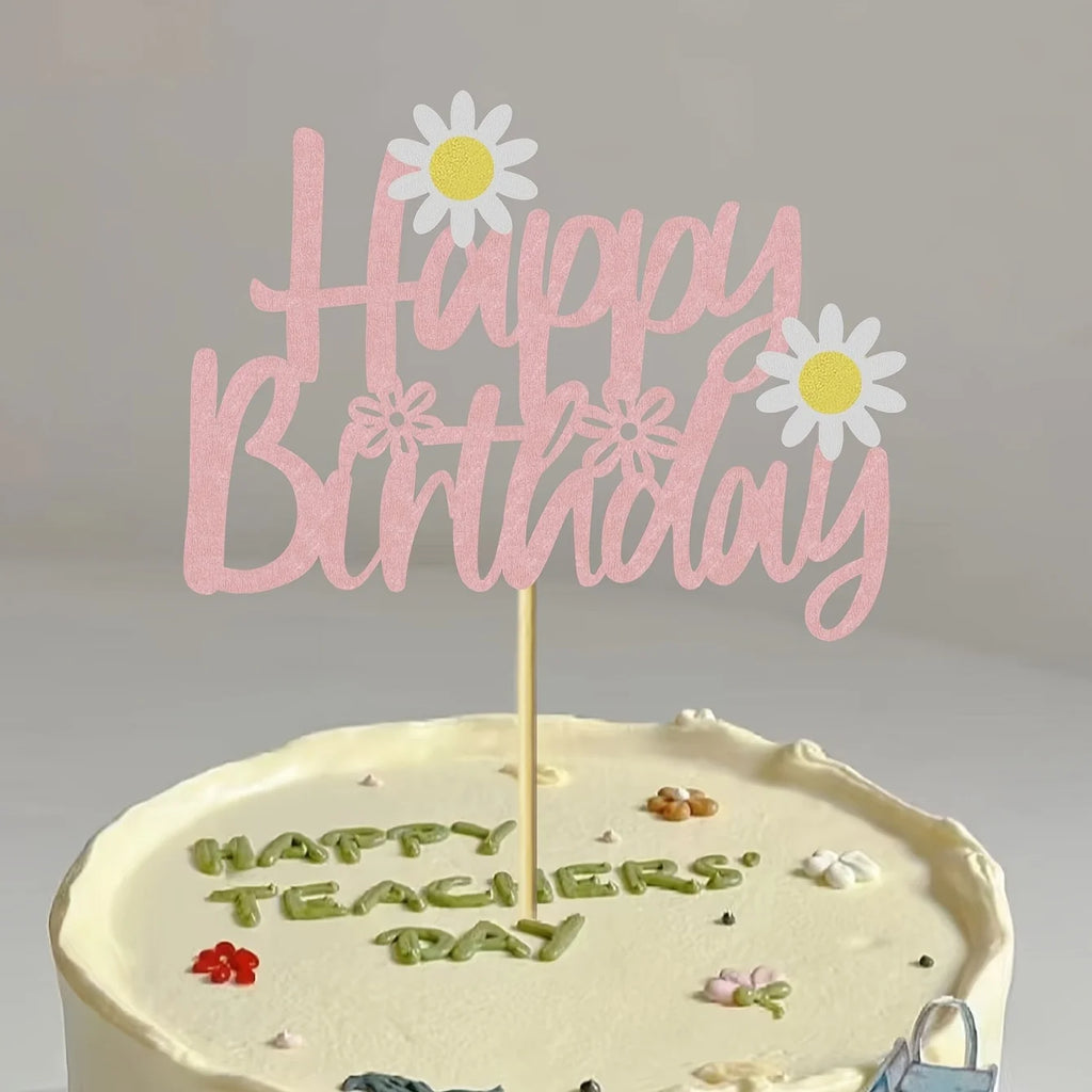 Happy Birthday" Daisy Cake Topper - Pink Cursive Design with White Daisies, Bamboo Stand for Festive Cake Decorations