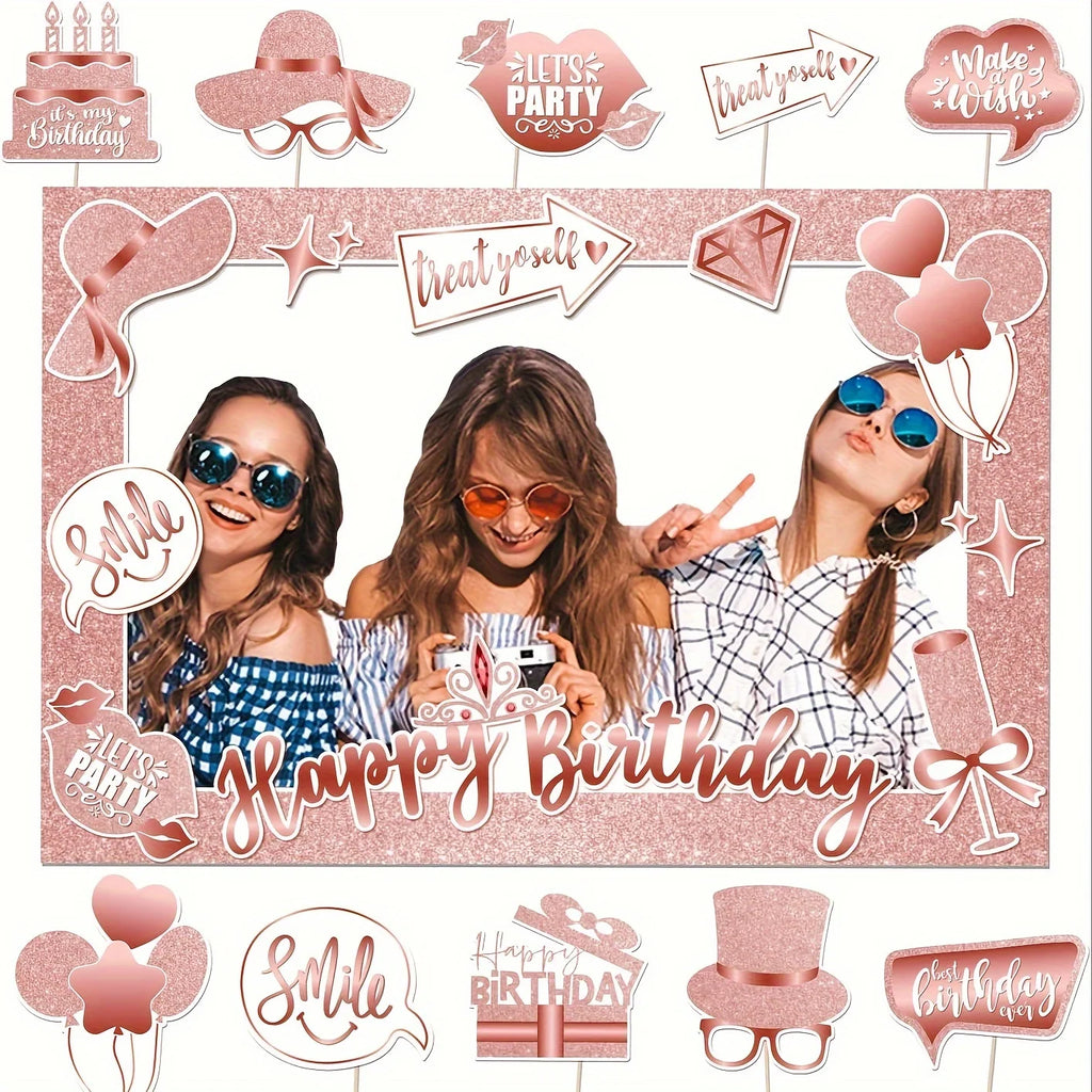 Happy Birthday Photo Booth Props Rose Gold Birthday Party Photobooth Selfie Frame & Props for Birthday Party Decorations Supplie