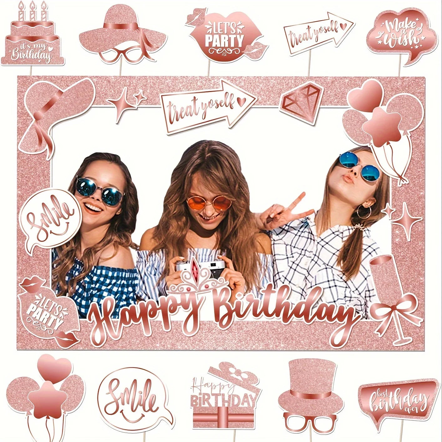 Happy Birthday Photo Booth Props Rose Gold Birthday Party Photobooth Selfie Frame & Props for Birthday Party Decorations Supplie