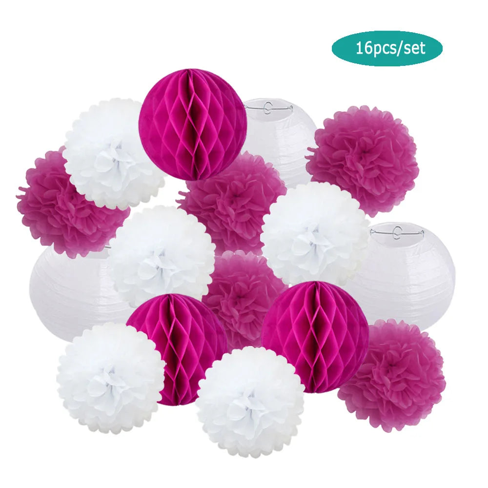 Papier Laternen Set 16-teilig – Runde Laternen, Waben & Pompons | Geburtstag, Hochzeit & Party | 35 Farben