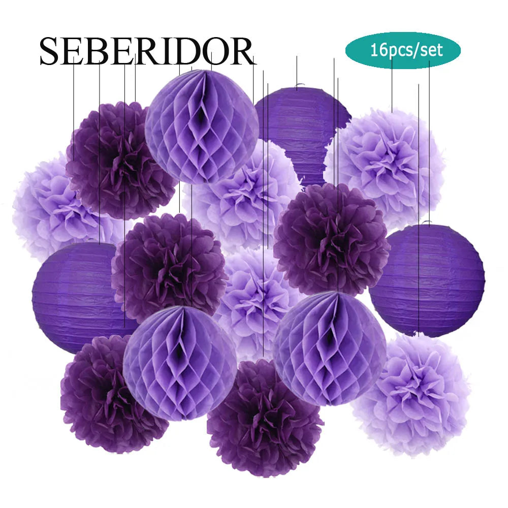 Papier Laternen Set 16-teilig – Runde Laternen, Waben & Pompons | Geburtstag, Hochzeit & Party | 35 Farben