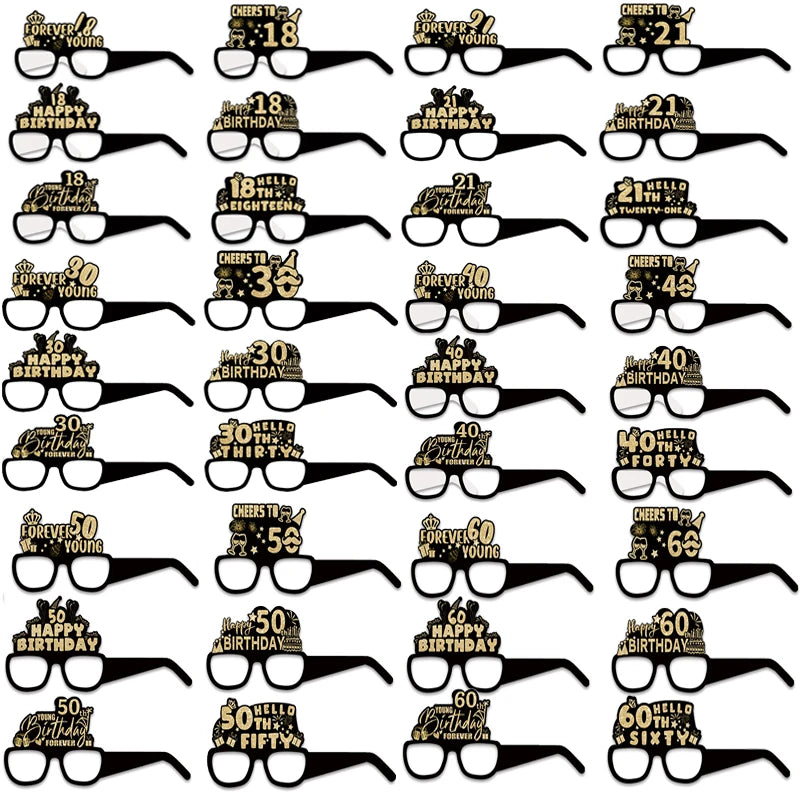 6pcs 18 21 30 40 50 60 70 Year Old Birthday Black Gold Paper Glasses Adult Birthday Party Photo Booth Props Anniversary Decor