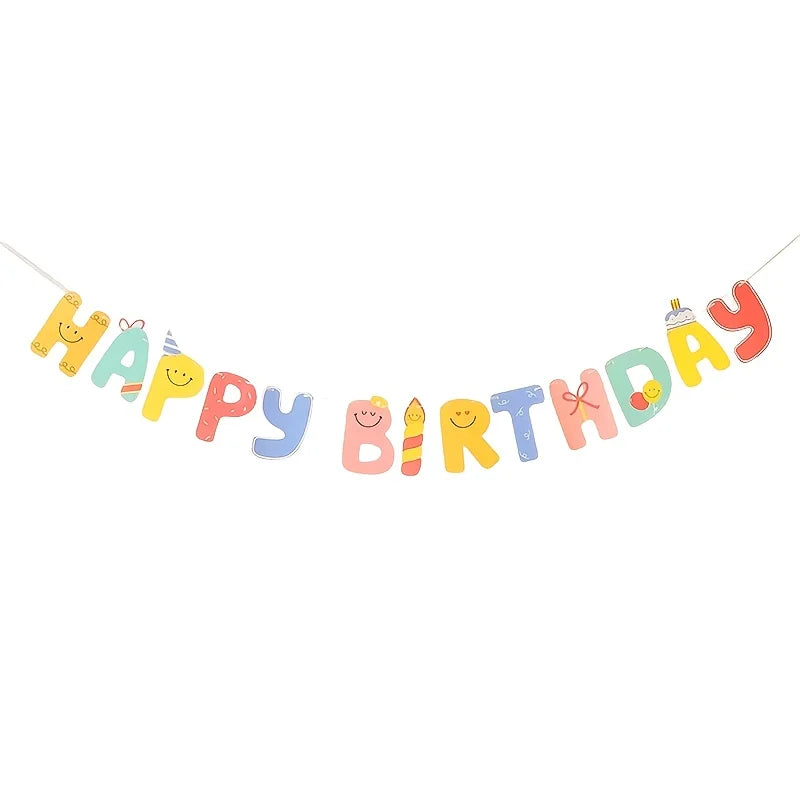 Happy Birthday Banner Bunt – Cartoon-Stil Wimpelgirlande | Geburtstagsdeko für drinnen
