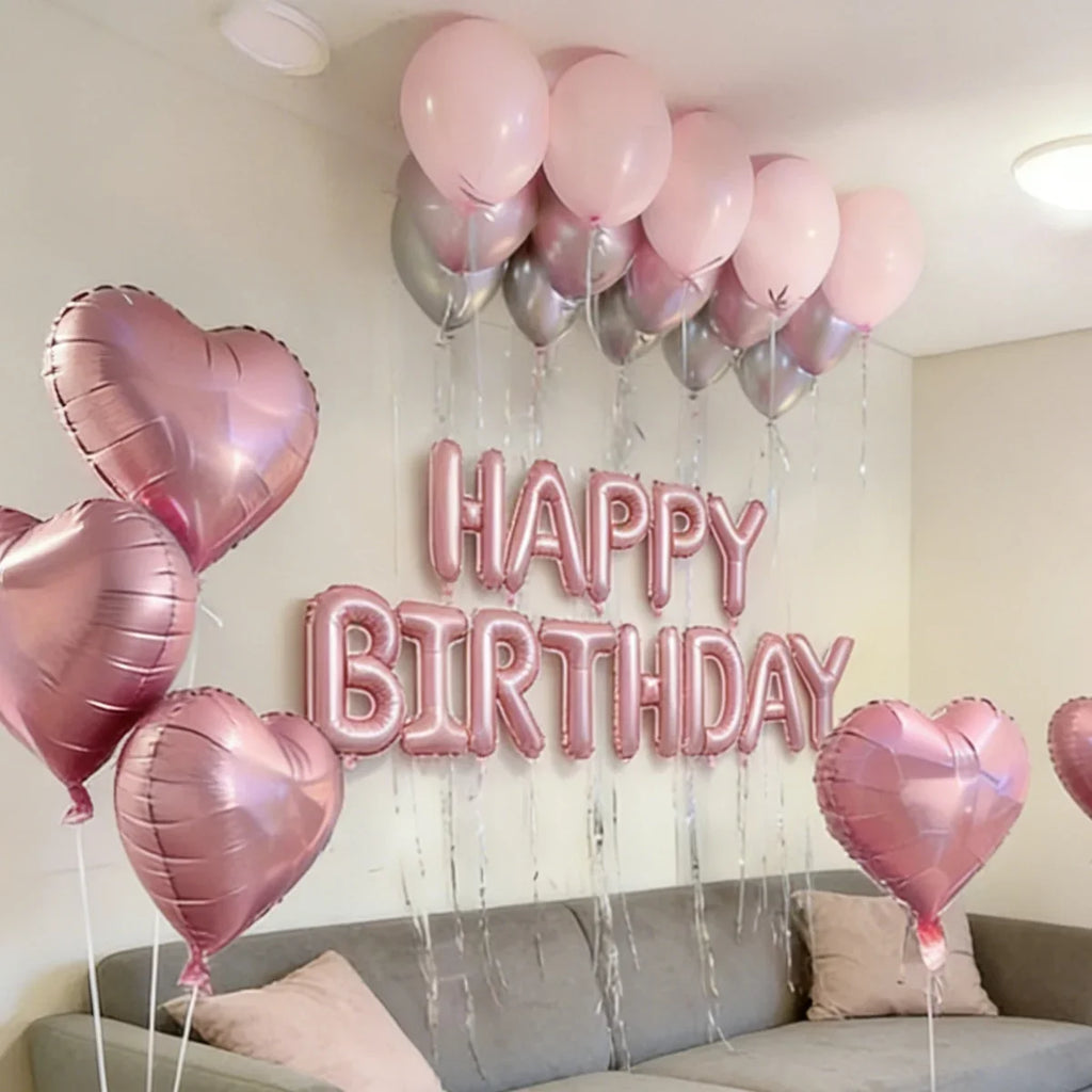 Pink Birthday Balloon Set with Bow Aluminum Film Balloon for Birthday Party Balloon Atmosphere Decoration Photo Props