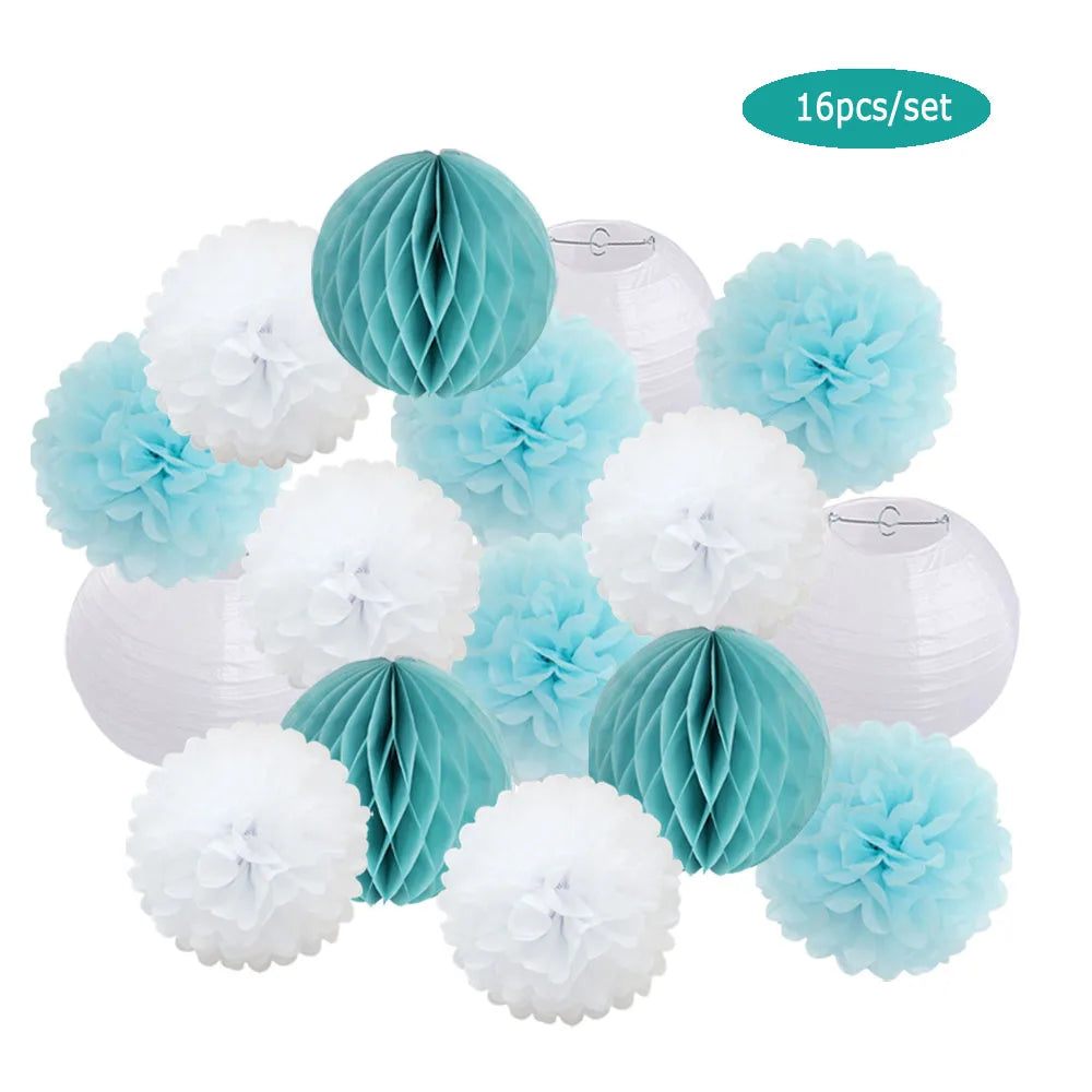 Papier Laternen Set 16-teilig – Runde Laternen, Waben & Pompons | Geburtstag, Hochzeit & Party | 35 Farben