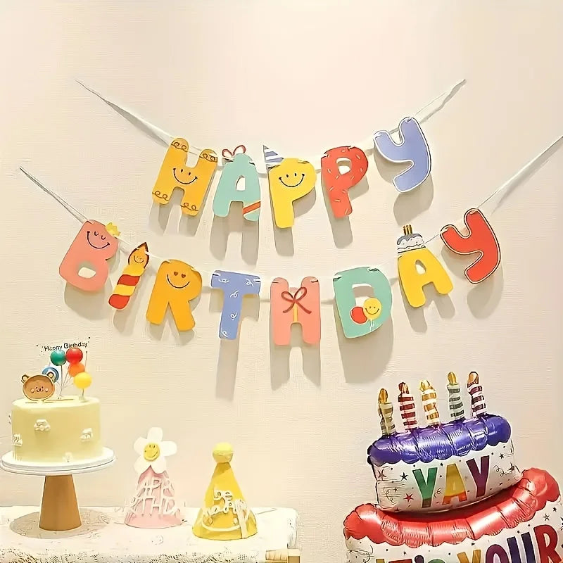 Happy Birthday Banner Bunt – Cartoon-Stil Wimpelgirlande | Geburtstagsdeko für drinnen