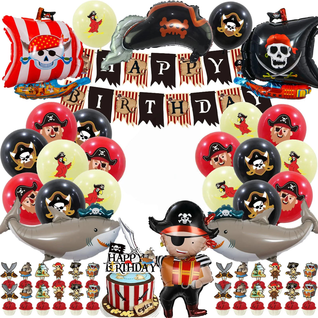 Pirate Birthday Party Decorations, 38 Pieces with Banner, Balloons, Cupcake Toppers, Ship and Shark Foil Balloons