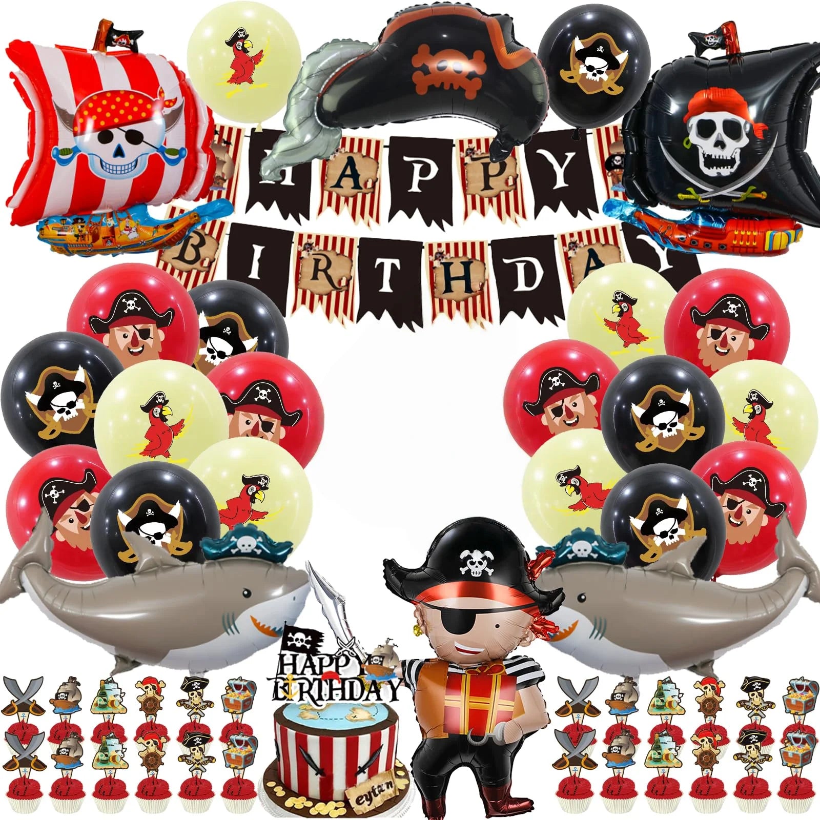 Pirate Birthday Party Decorations, 38 Pieces with Banner, Balloons, Cupcake Toppers, Ship and Shark Foil Balloons