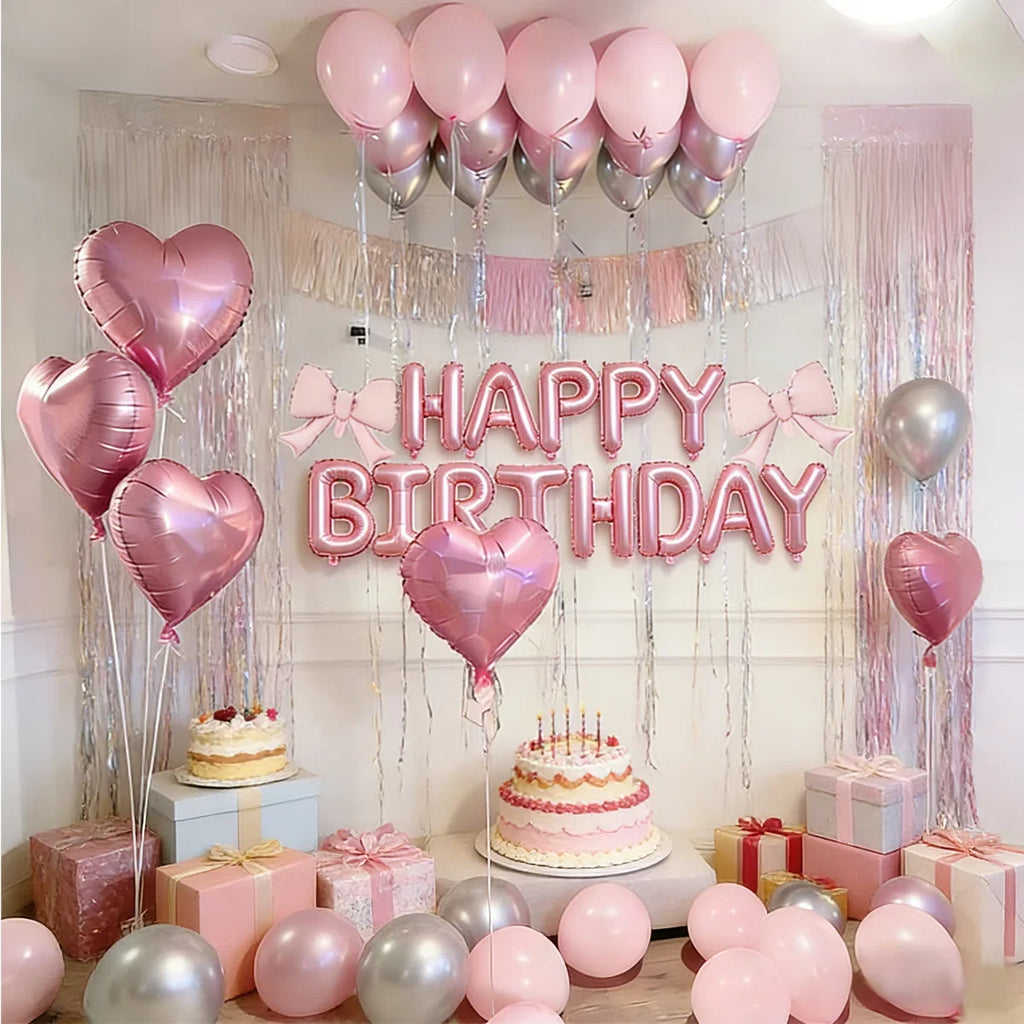 Pink Birthday Balloon Set with Bow Aluminum Film Balloon for Birthday Party Balloon Atmosphere Decoration Photo Props