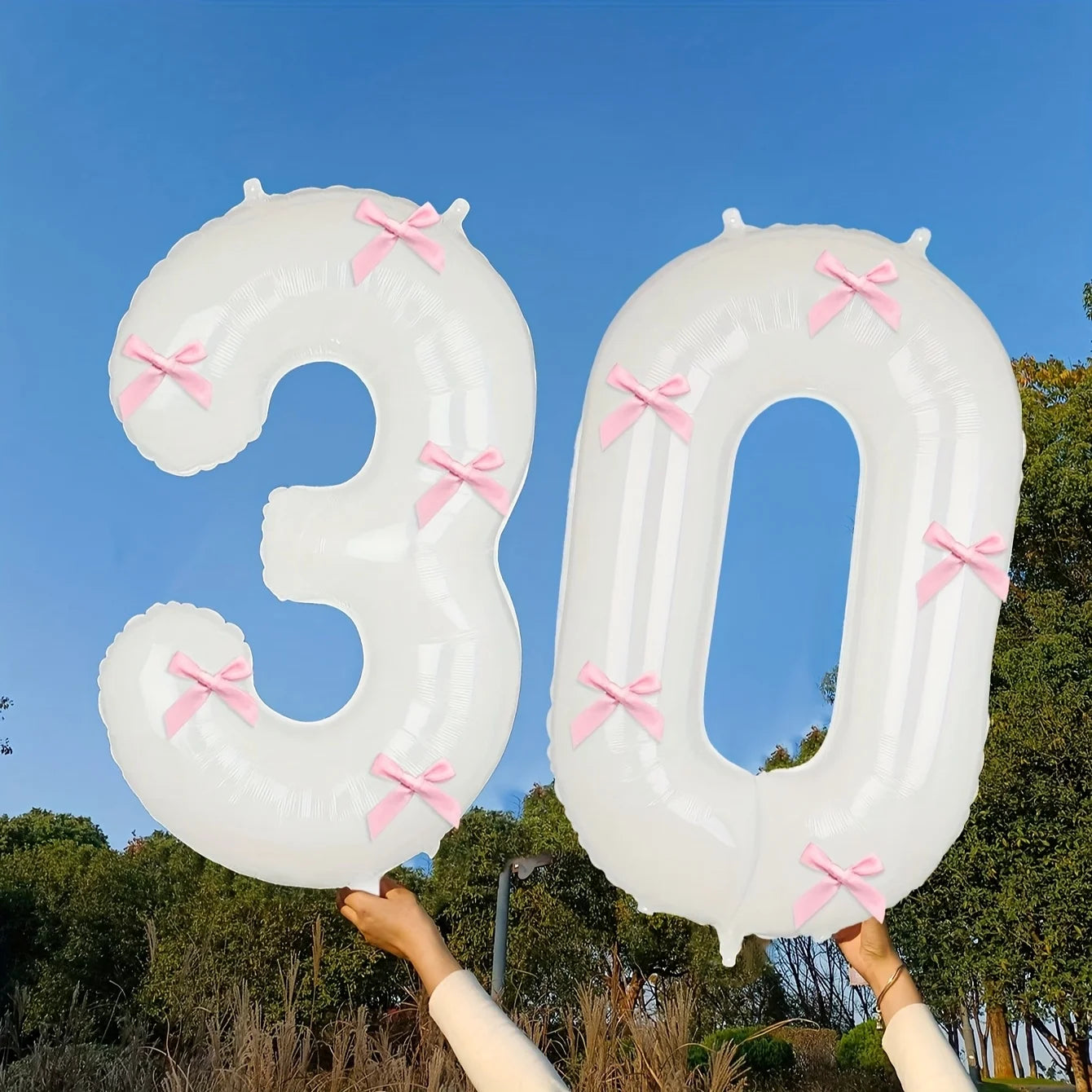 2 40inch Balloons with Pink Bow Decorations in White, Suitable for Birthday Parties, Anniversaries, Weddings, Proposals, New Year Decorations, Pink Bow Foil Numbers for Ages 0-9