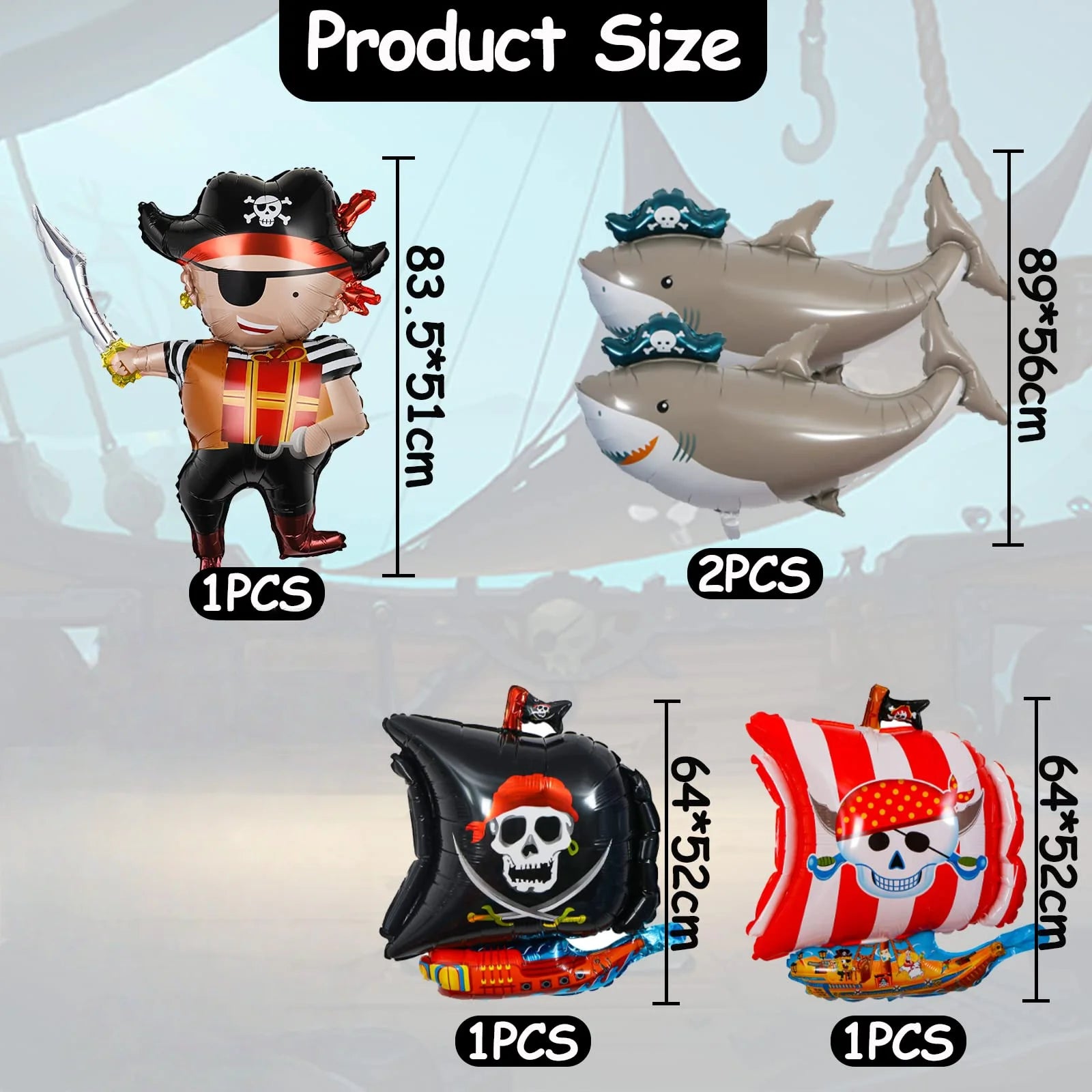 Pirate Birthday Party Decorations, 38 Pieces with Banner, Balloons, Cupcake Toppers, Ship and Shark Foil Balloons
