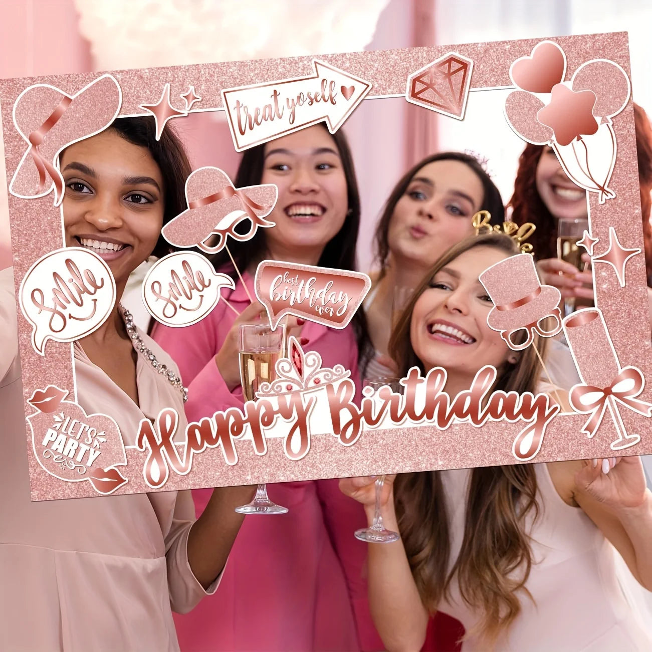 Happy Birthday Photo Booth Props Rose Gold Birthday Party Photobooth Selfie Frame & Props for Birthday Party Decorations Supplie