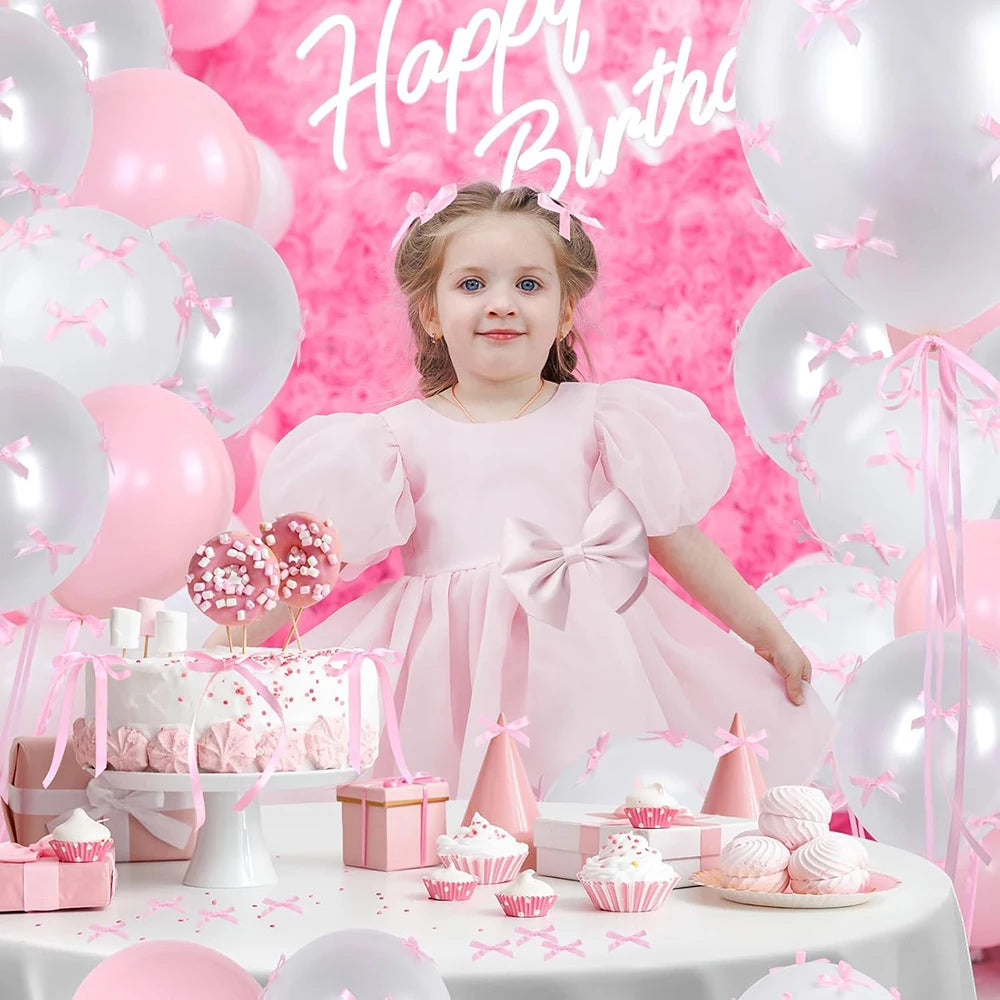 Bow Balloons Set White Balloon Mini Pink Ribbon Bows Girls Birthday Party Decorations Globos Baby Shower Wedding Bridal Shower