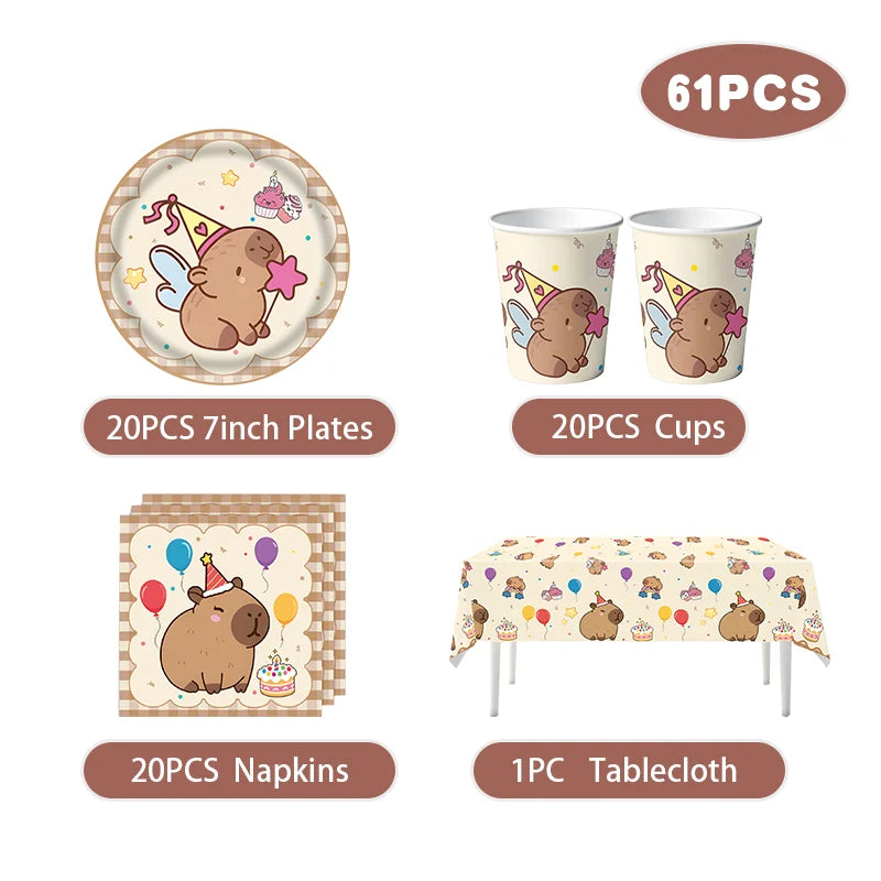 Capybara Birthday Party Decoration Happy Balloons Girl Tablecloth Tableware Surprises Cake Topper Accessories Banner Napkins Set