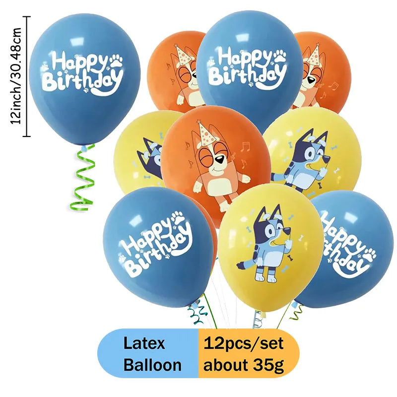 12Pcs/set Bluey Themed Cartoon Cute Balloons Set Supplies for Baby Shower Cake Birthday Family Bachelorette Party Decorations