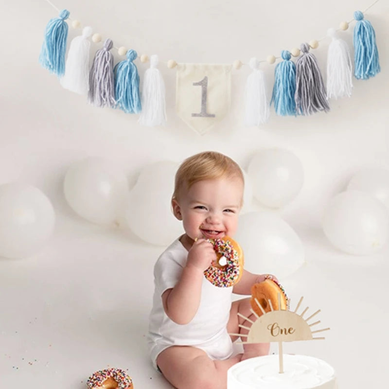 Baby Geburtstag Fransen Banner & Fotorequisite – 1. 2. 3. Geburtstag | Meilenstein Deko Set
