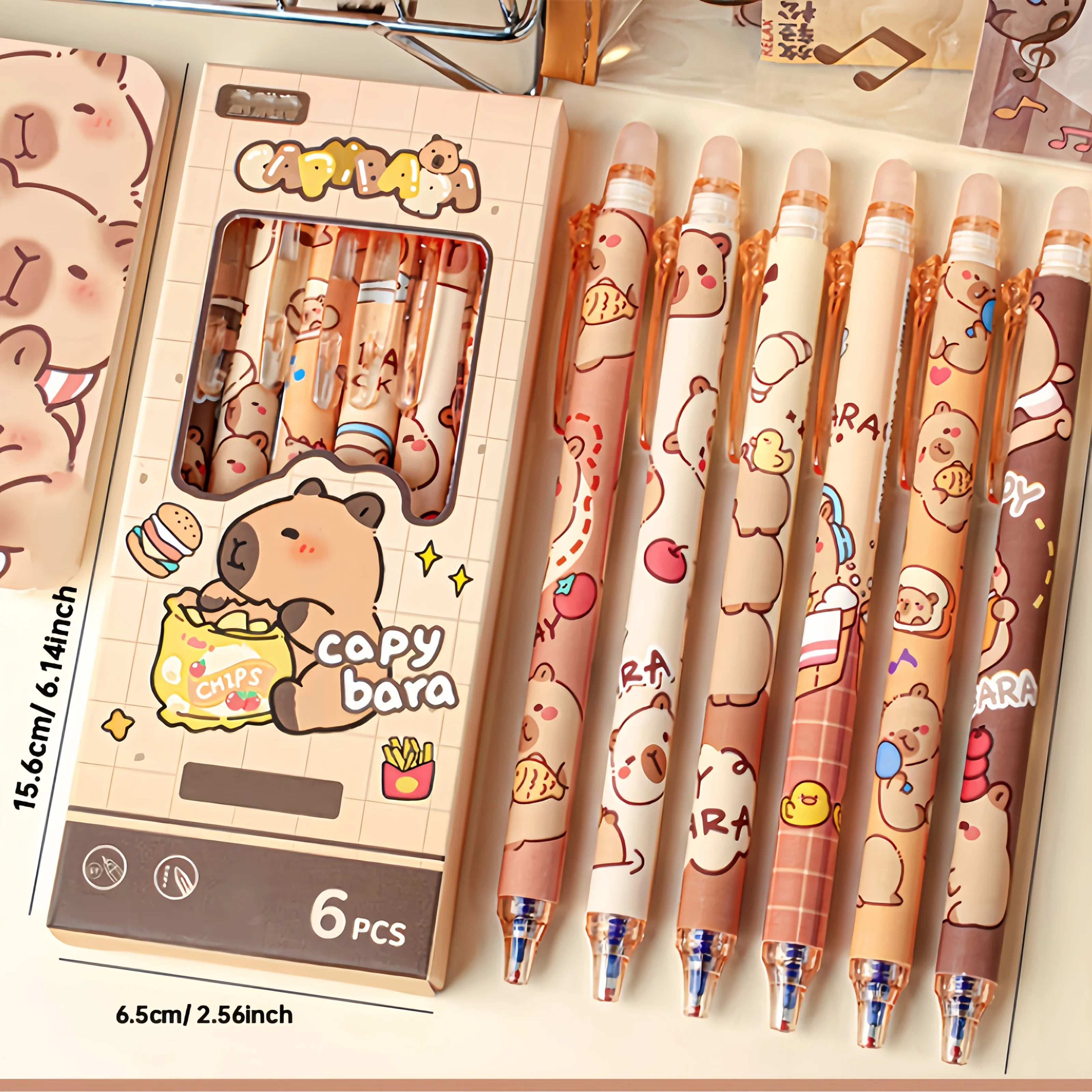 Capybara Erasable Gel Pens – Set of 6 Colors | 0.5mm Fine Tip | School & Office