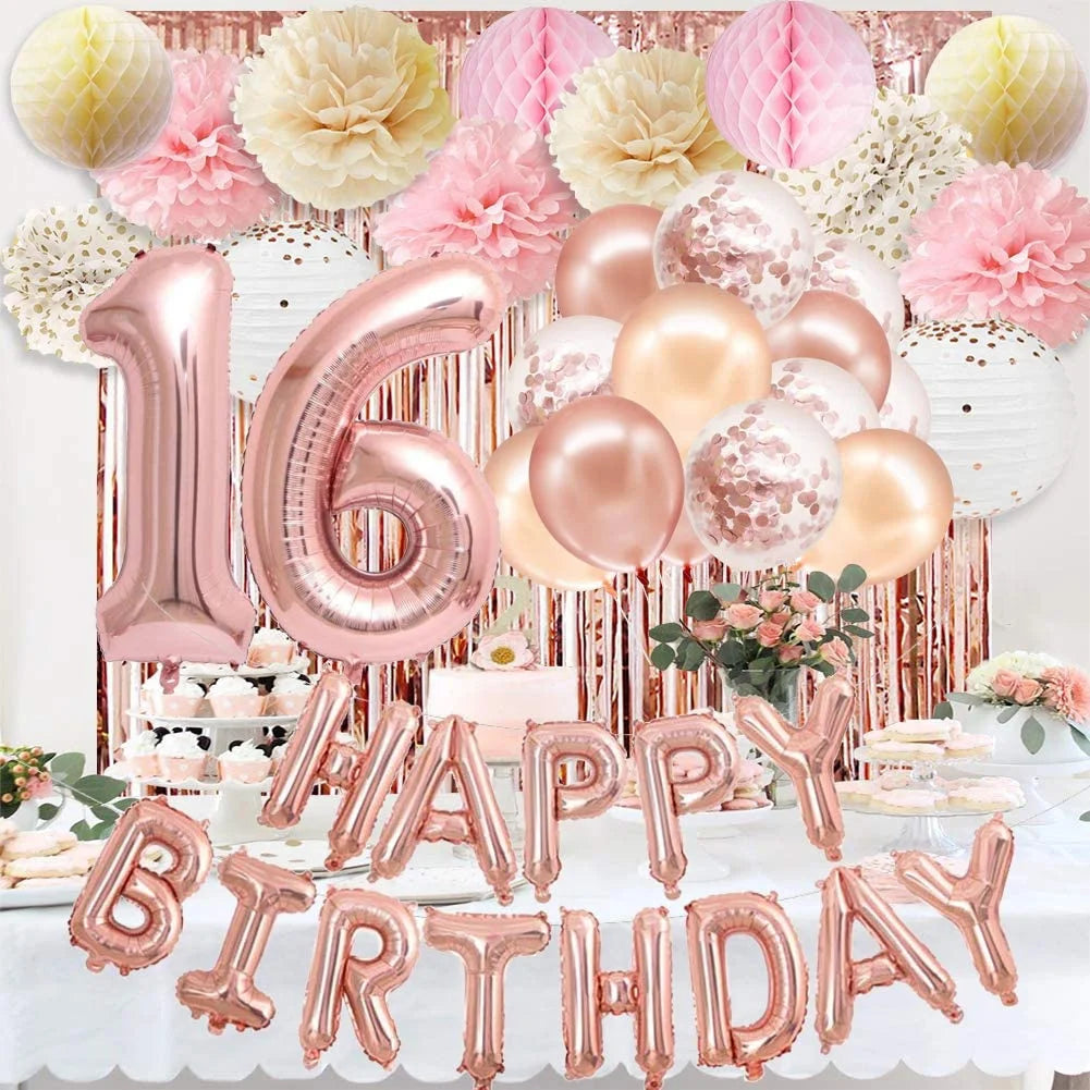 Sweet 16 Geburtstag Deko Set – Rosegold Ballons, Banner, Vorhang & Pompons | Komplettset