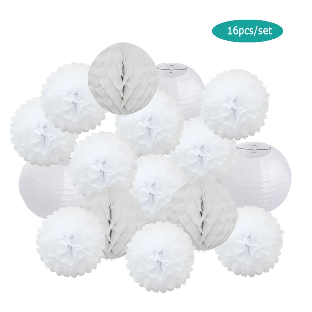 Papier Laternen Set 16-teilig – Runde Laternen, Waben & Pompons | Geburtstag, Hochzeit & Party | 35 Farben