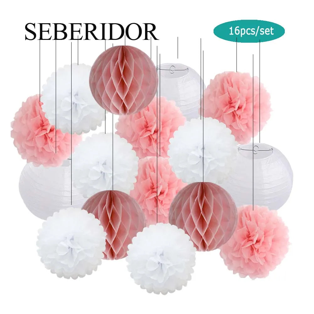 Papier Laternen Set 16-teilig – Runde Laternen, Waben & Pompons | Geburtstag, Hochzeit & Party | 35 Farben