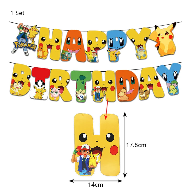 Pokemon Birthday Party Decoration New Ligntning Pikachu Balloon Kid Event Supplies Disposable Tableware Banner Backdrop Plate