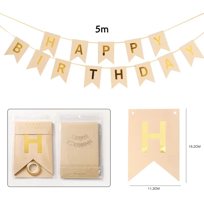 Happy Birthday Flags Decoration Kraft Paper Banner Party Bunting Garland Set Boy Girl Baby Shower Decoration Supplies