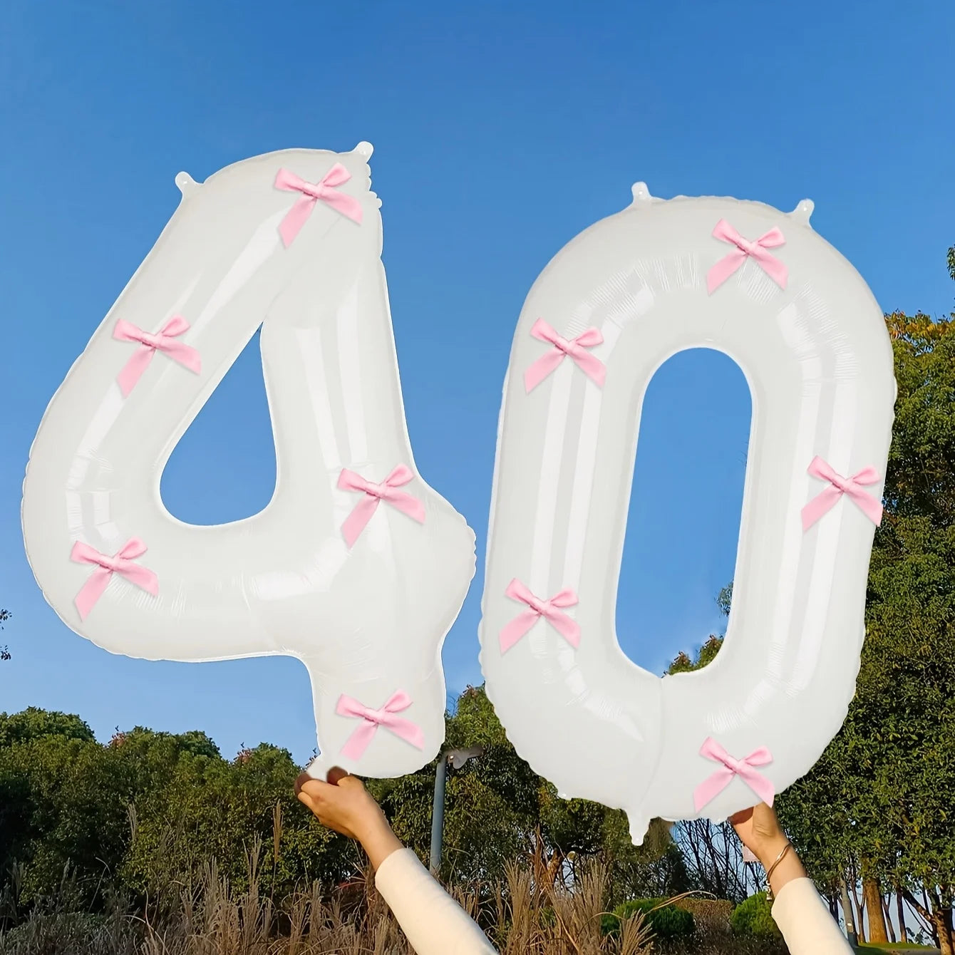 2 40inch Balloons with Pink Bow Decorations in White, Suitable for Birthday Parties, Anniversaries, Weddings, Proposals, New Year Decorations, Pink Bow Foil Numbers for Ages 0-9