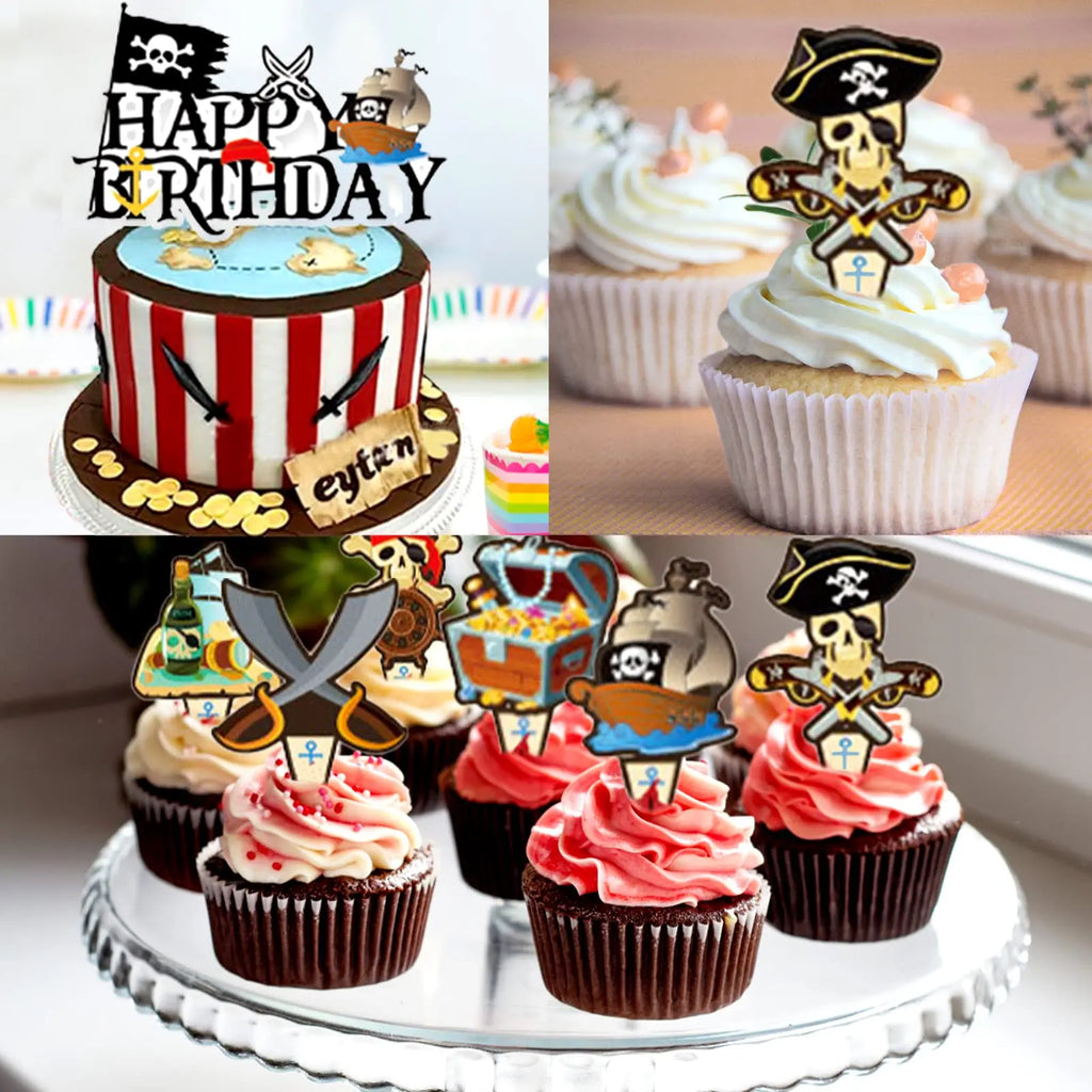 Pirate Birthday Party Decorations, 38 Pieces with Banner, Balloons, Cupcake Toppers, Ship and Shark Foil Balloons